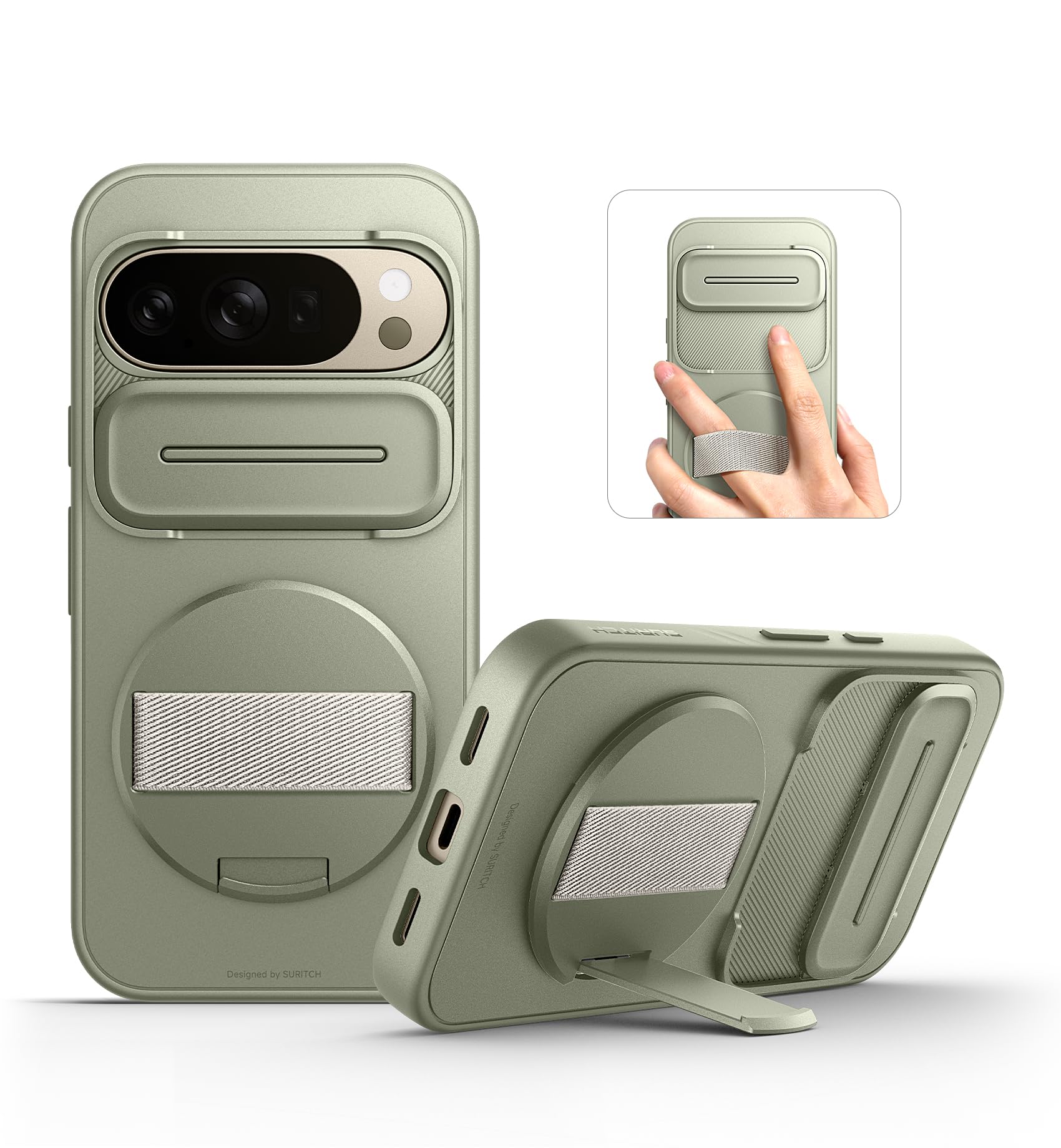 SURITCH for Google Pixel 10/10 Pro Case with 360° Rotatable Hand Strap Phone Grip Holder & Invisible Kickstand & Slide Camera Cover, Protective Cover for Pixel 10/10 Pro -Green