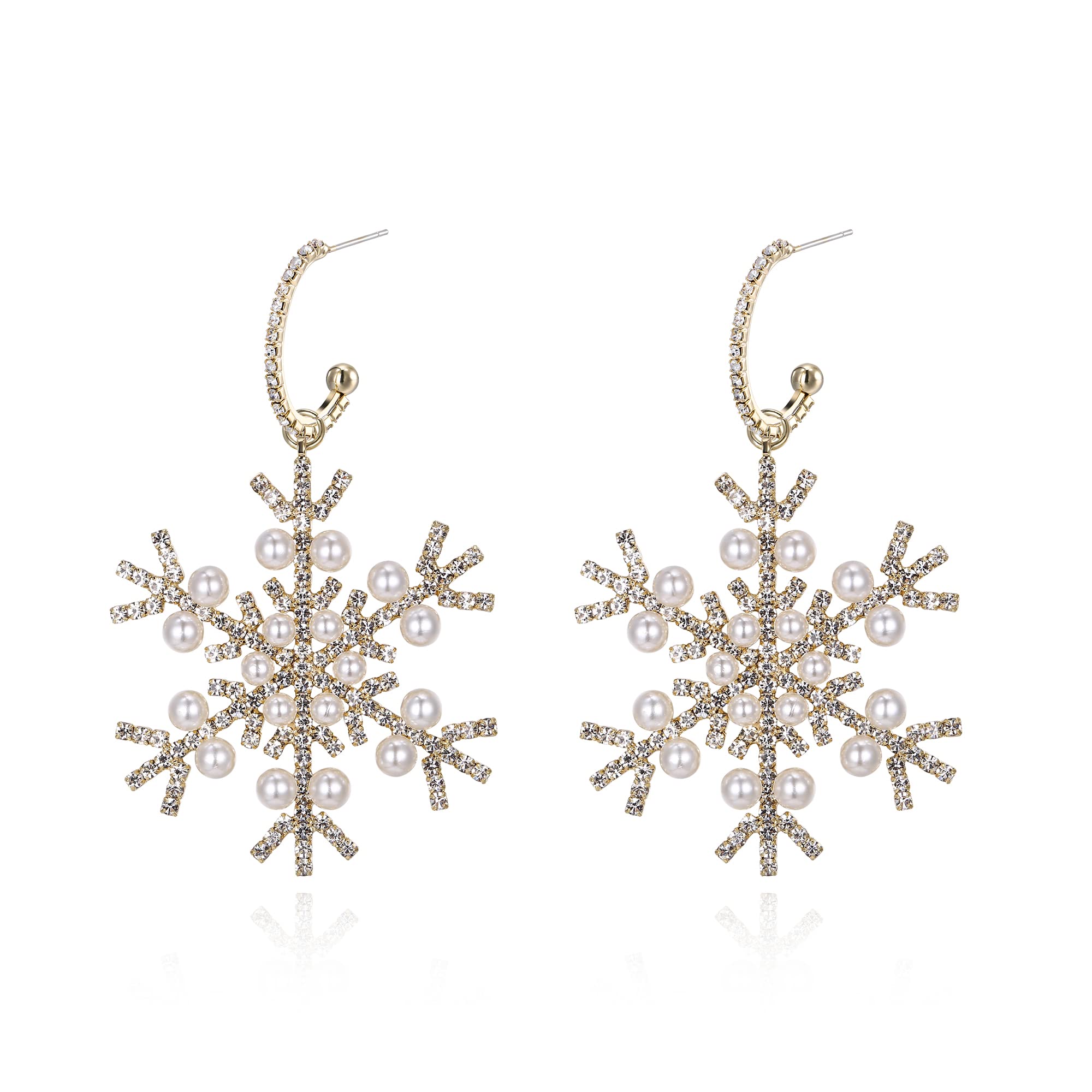 EVER FAITH Christmas Jewellery White Crystal Ivory Freshwater Cultured Pearl Winter Snowflake Pierce Dangle Earrings Gold-Tone