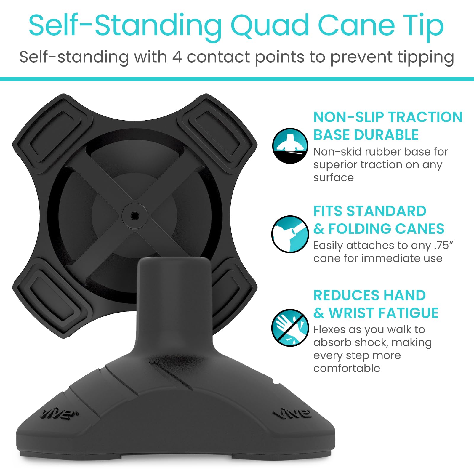 Vive Self Standing Walking Cane Tip 3/4 Inch Heavy Duty Replacement Quad - Rubber Cane Foot Base All Terrain for Walking Sticks, Folding & Medical Canes - Stabilizing Cane Tip for Men, Women (Black)