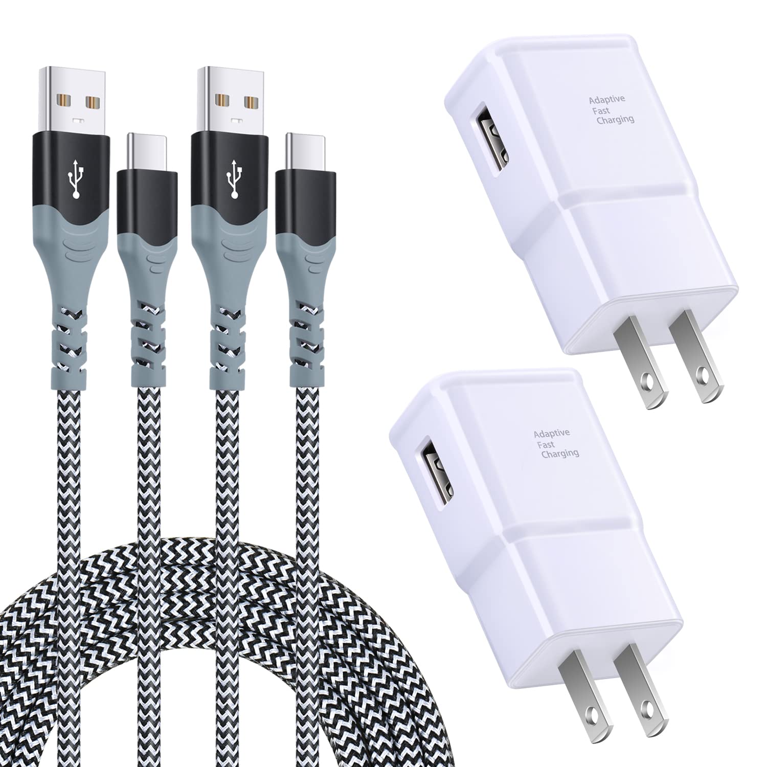 Adaptive Fast Charging Wall Charger Kit Set with USB Type C Cable Fast Charging 10ft, Excgood USB Fast Charger Compatible for Galaxy S25 S24 S23 Ultra A15 A03s S21 S20 S10 S9 Android (2-Pack White)