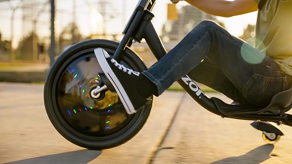 RAZOR RIPRIDER 360 LIGHTSHOW BLACK TRIKE WITH REAR CASTERS AND WITH MOTION-ACTIVATED MULTI-COLOR LIGHTS, 3 WHEELED DRIFTING RIDE-ON FOR KIDS AGES 5 AND UP