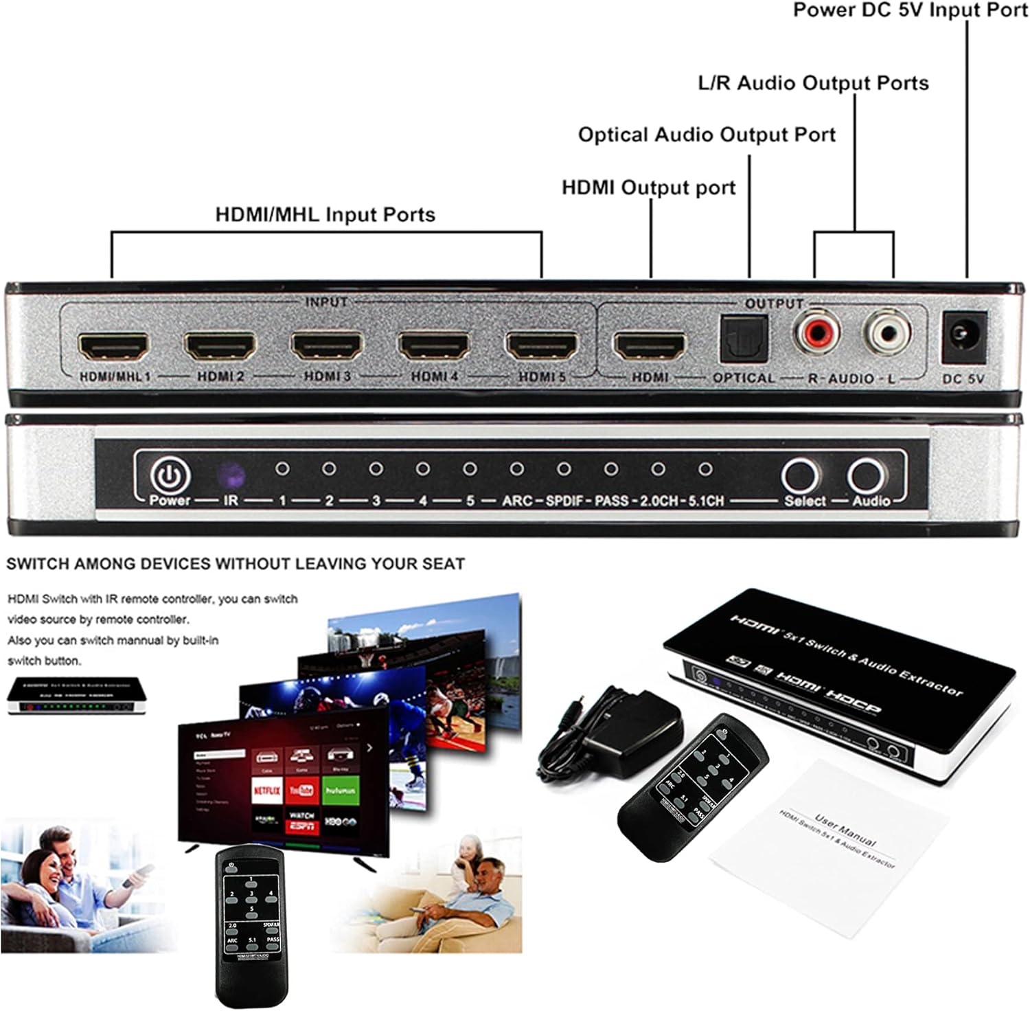 HDMI Switch 5x1 4K@30hz hdmi Audio Extractor 5 Port Supports 1080P Ultra HD 4K Full HD 3D ARC with IR Remote Control: Electronics