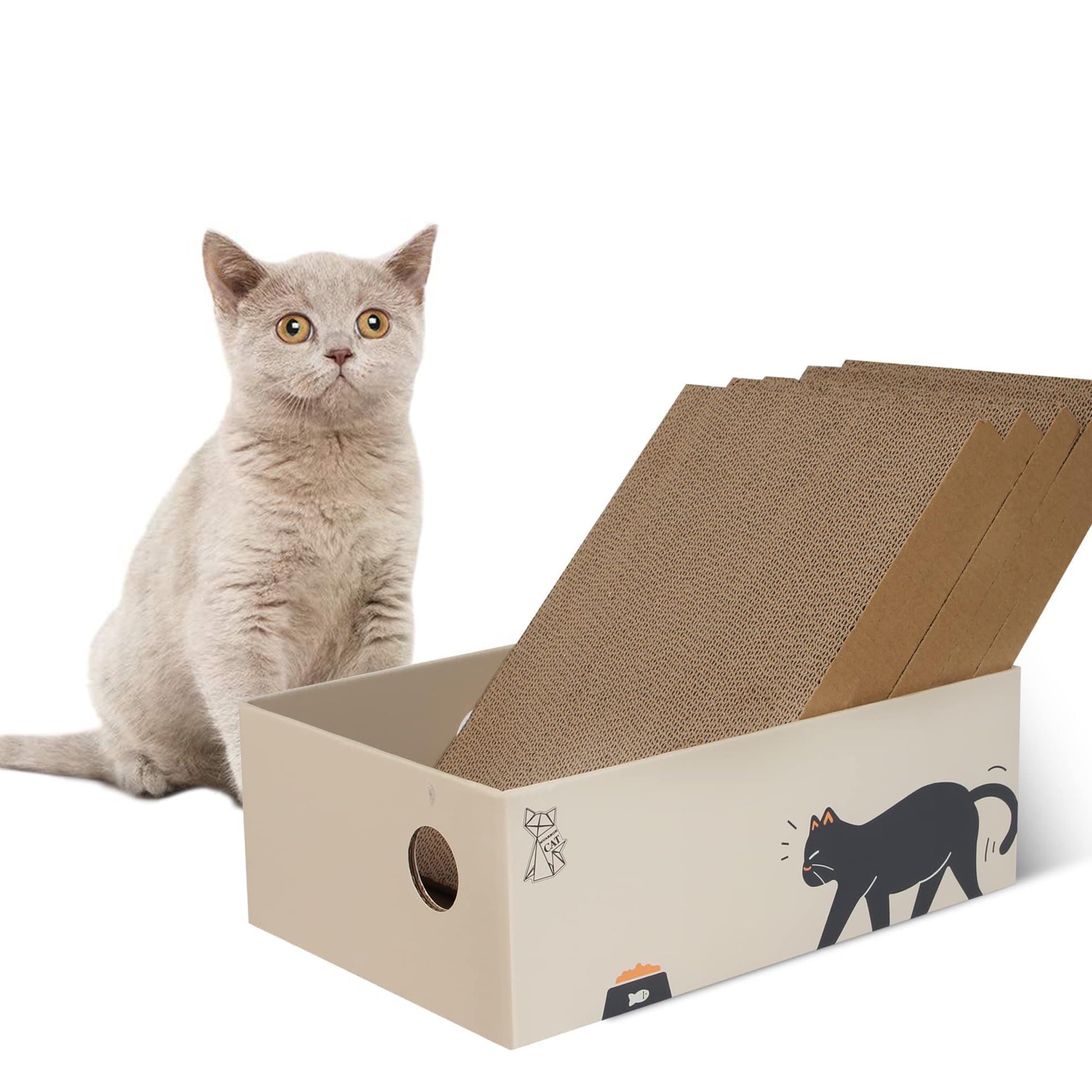MUAEEOK 5 Pack Cat Scratcher, Scratching pad with Box, Natural Recycled Corrugated Heavy-Duty Double-Sided Cardboard, Reversible for 2X Use, Kitty Refill Indoor, Brown Suitable for Cats Up To 5kg