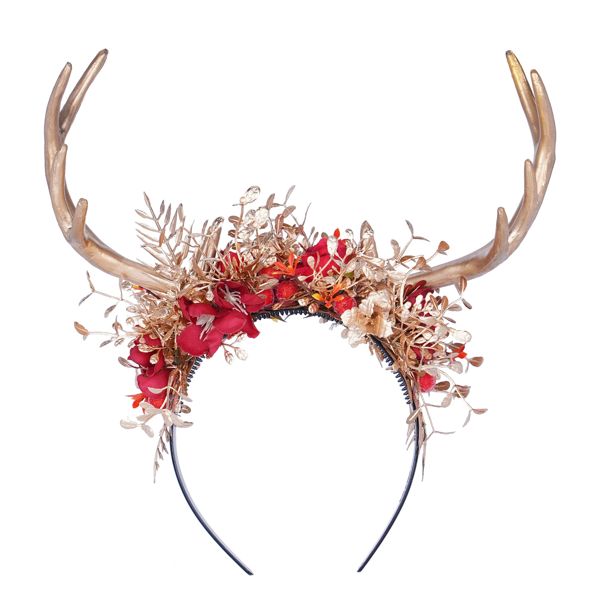 MOSTORY Woodland Antler Headband for Fairy Costume Women, Gold Antler Headdress with Red Flower for Wedding Prom Cosplay Renaissance Halloween — image 1