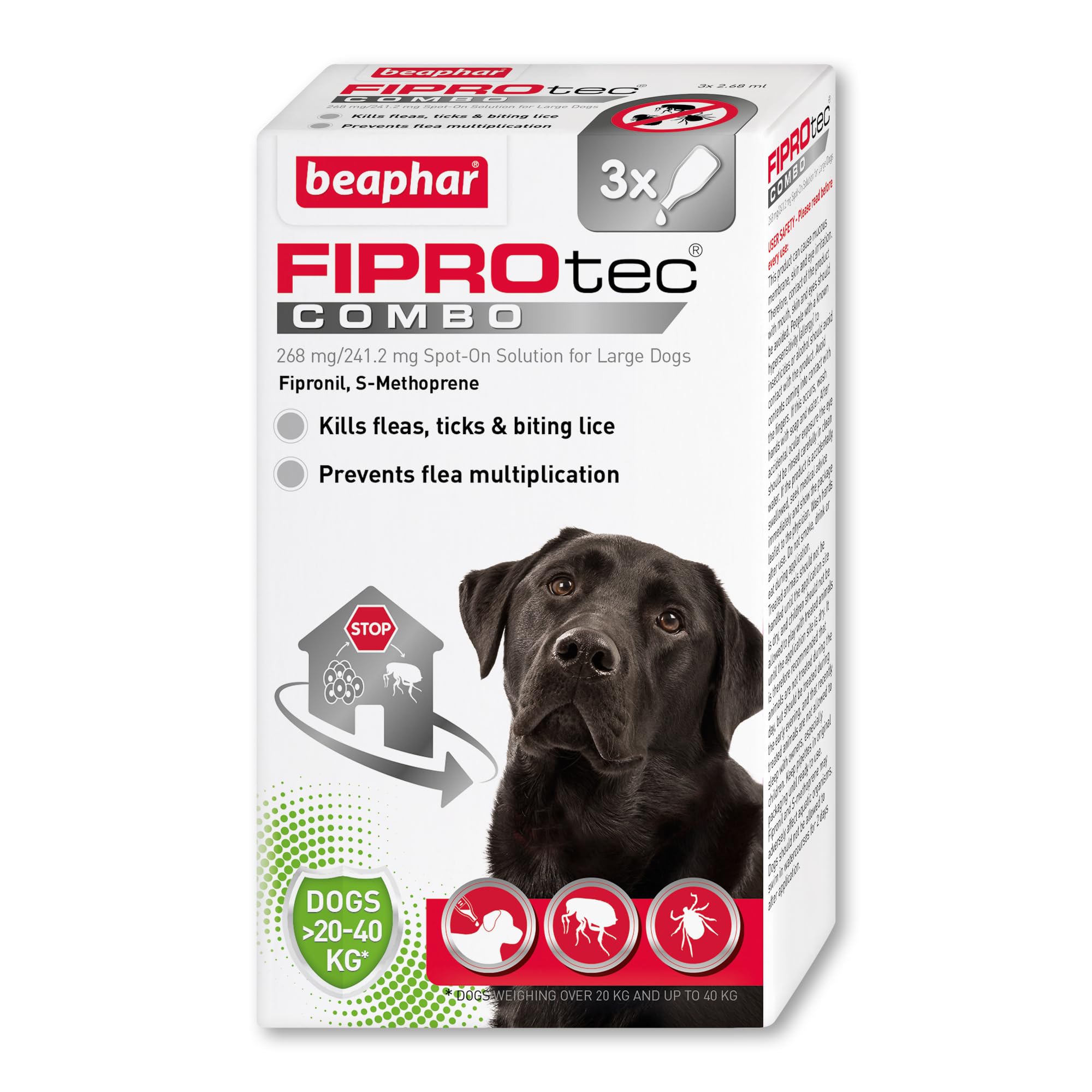 Beaphar - FIPROtec® COMBO for Large Dogs (20-40kg) - 3 pipettes - Kills Fleas, Flea Eggs, Flea Larvae & Ticks - Stops Fleas Multiplying on Pet and in Home - Vet Strength Dog Flea Treatment