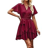 Krumba Short Sleeve Women Dress: V-Neck Ruffle Tie Waist Pleated Mini - Casual Wear for Wedding Guest Beach Summer Party Trip