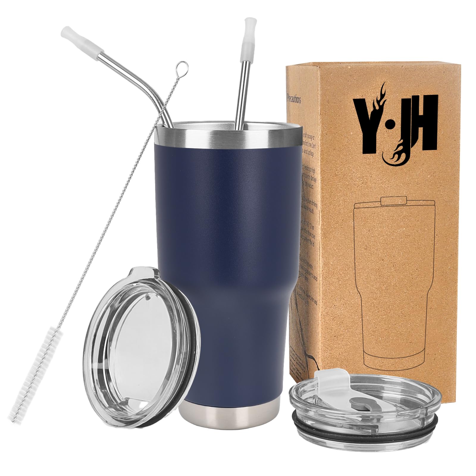 Y·J&H 30oz (850ml) Travel Tumbler Double Wall Vacuum Insulated Coffee Mug Stainless Steel Coffee Cup with 2 Splash Proof Lid, 2 Straws & Free Cleaning Brush, BPA Free - Navy Blue