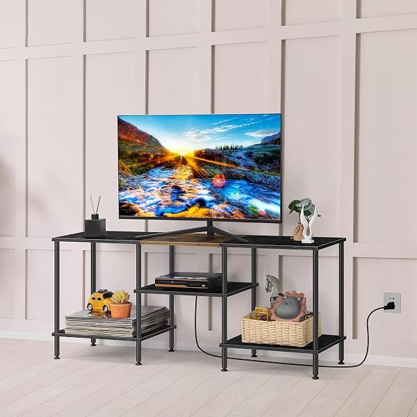 BTY FARMHOUSE TV STAND WITH STORAGE INDUSTRIAL TV CONSOLE WITH POWER OUTLET, 45 INCH WOODEN TV ENTERTAINMENT CENTE FOR LIVING ROOM, BEDROOM, SMALL SPACE, GREY