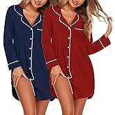 Ekouaer 2 Pack Nightgowns for Women Long Sleeve Night Shirt Button Down Sleep Shirt V-Neck Sleep Dress Pajama Sleepwear