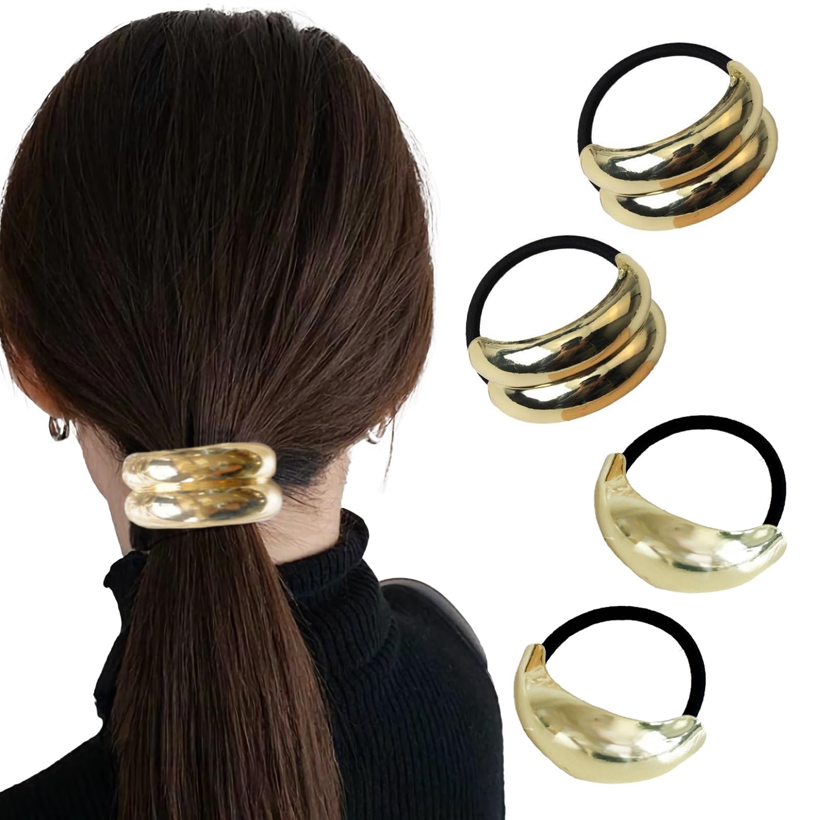 4 PCS Gold Hair Cuffs,Hair Cuffs,Ponytail Cuff,Metal Hair Ties,Metal Hair Ponytail Holders,for Thick Hair Hair Accessories,for Daily,Work,Dating and Other Occasions(Gold)