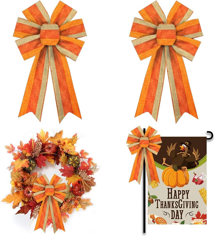 Bows & Ribbons - ALIBBON 2Pcs Fall Bows for Wreaths, Thanksgiving Wreath Bows, Fall Orange Bows, Orange Stripe Bows for Front Door, Fall Thanksgiving Decor, Burlap Bows for Wreath Indoor Outdoor Wall Decorations