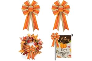 ALIBBON 2Pcs Fall Bows for Wreaths, Thanksgiving Wreath Bows, Fall Orange Bows, Orange Stripe Bows for Front Door, Fall Thanksgiving Decor, Burlap Bows for Wreath Indoor Outdoor Wall Decorations
