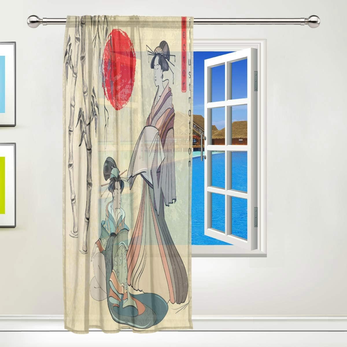 ISAOA Tulle Sheer Curtain,Beautiful Japanese Geisha Girl Window Treatments Sheer Curtains for Kitchen Living Room Bedroom Decoration,Single panel,52 x 84 Inches - Image 3