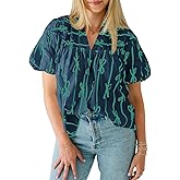 Cicy Bell Womens Summer Babydoll Tops Short Lantern Sleeve Bow Print Blouse V Neck Pleated Casual Cute Tee Shirts