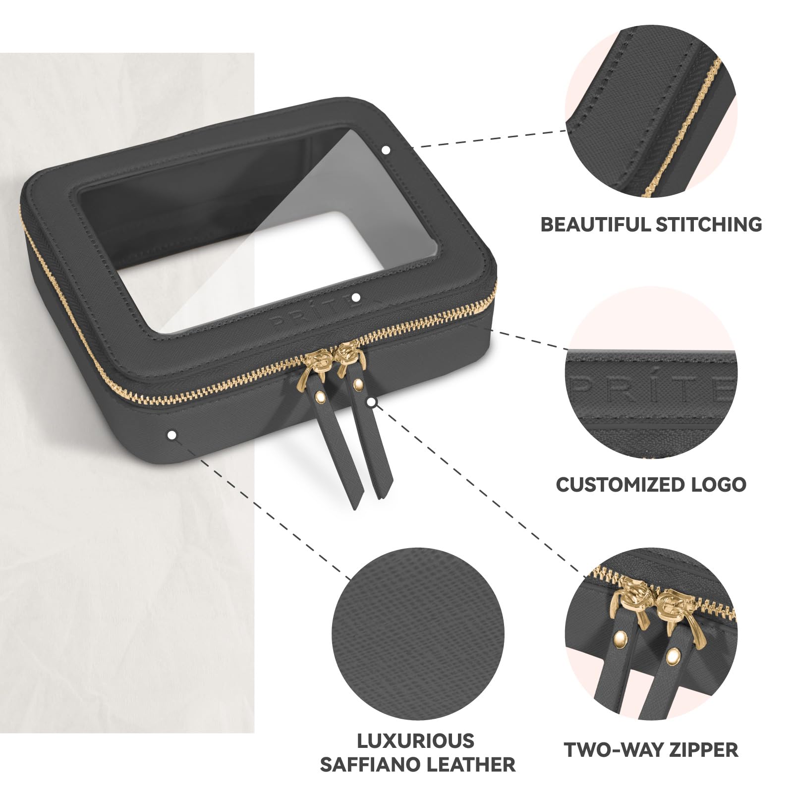 Prite Transparent Kosmetiktasche Durchsichtig Kulturtasche Damen Make Up Tasche Reise wasserdichte Kulturbeutel Auto Organizer mit Goldenem Doppelreißverschlüss (Schwarz)