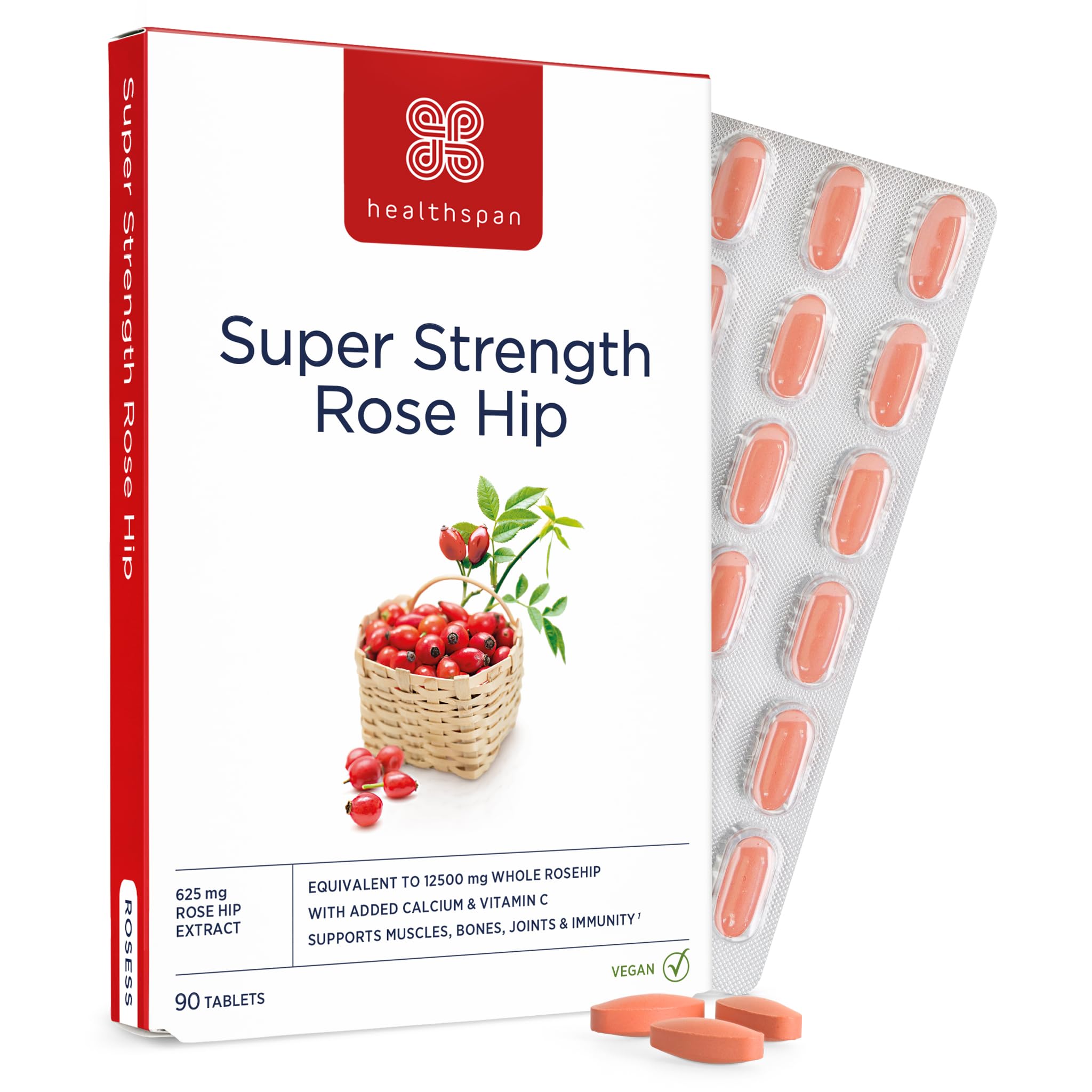 Healthspan Rose Hip 12,500mg (90 Tablets) | Supports Joint & Immune Health | Helps Maintain Flexible Joints | Added Vitamin C & Calcium | Fatty Acids | Flavonoids | Vegan
