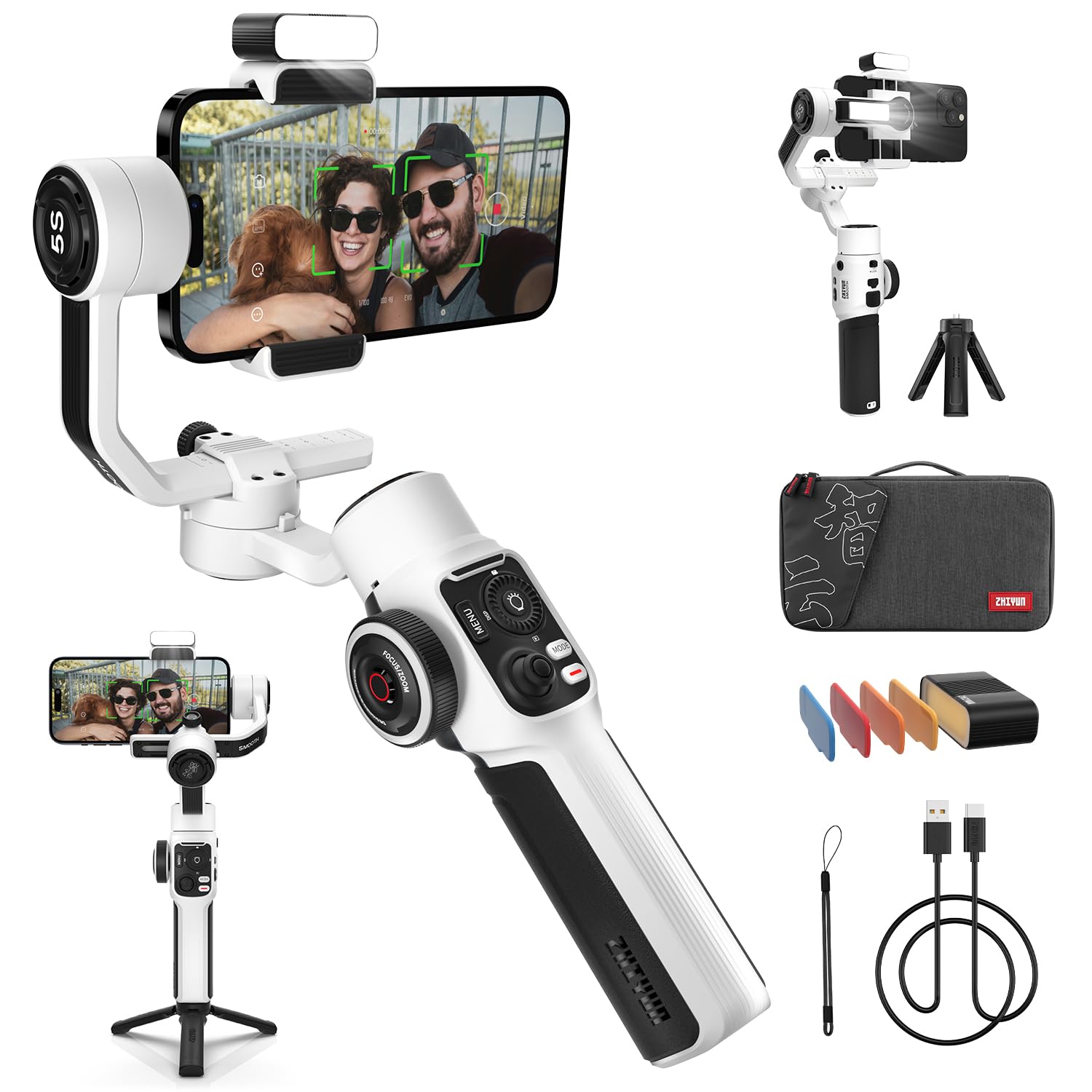 ZHIYUN Smooth-5S Combo [Official] iPhone Gimbal Stabilizer, Handy 3-Axis Gimbal with Two Front and Rear Fill Lights, with FilmIC Pro, Vlog, Youtube and TikTok (with Tripod)