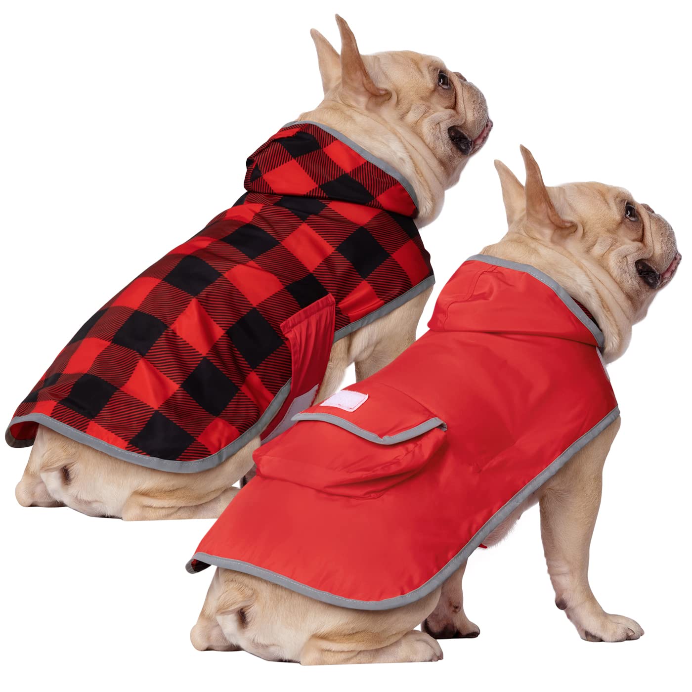 HDE Reversible Dog Raincoat Hooded Slicker Poncho Rain Coat Jacket for Small Medium Large Dogs Buffalo Plaid Red - M