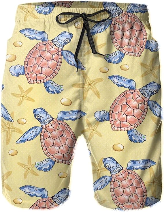 Funny Mens Swim Trunks Colored Turtle on Beach Beach Pants Casual