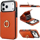 Folosu Compatible with iPhone 17 Pro Max Case Wallet with Card Holder, 360°Rotation Finger Ring Holder Kickstand, RFID Blocking Leather Protective Double Buttons Shockproof Cover 6.9 Inch Brown
