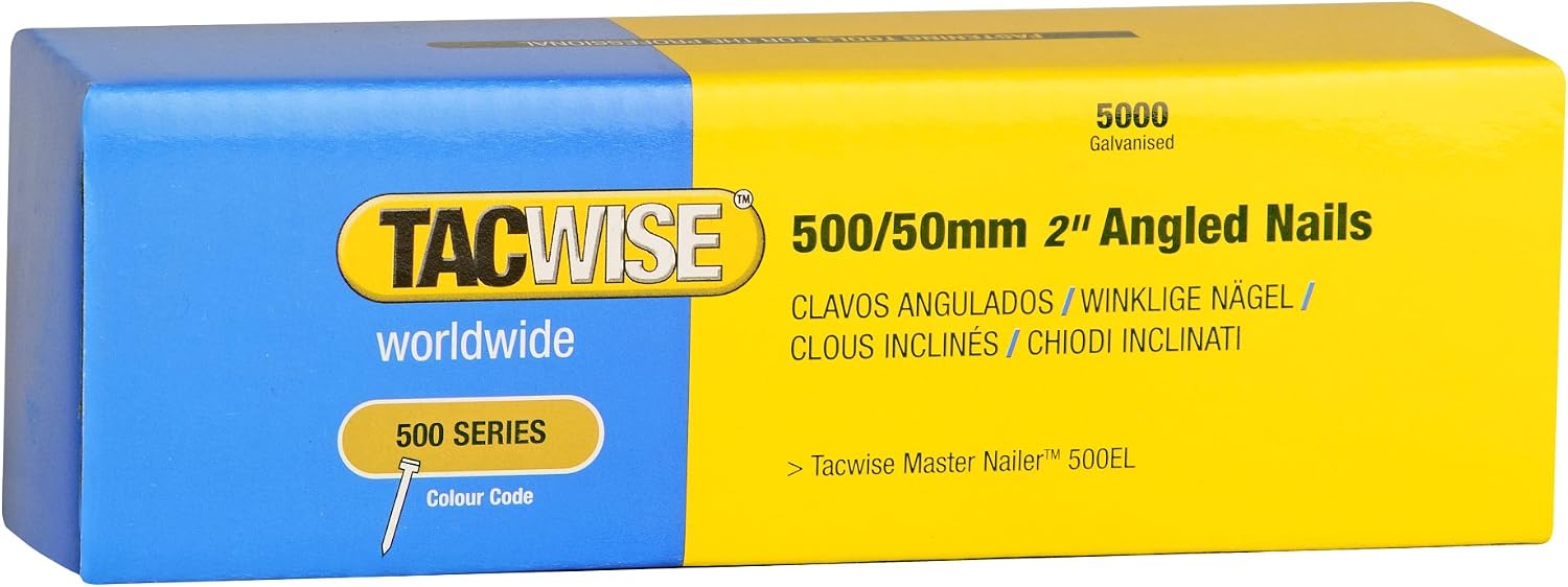 Tacwise 0829 Type 500 (18G) / 50 mm Galvanised Angled Brad Nails, 26° Incline, Pack of 5000, 50mm