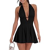 BEAGIMEG Women's Sexy Bodycon Sleeveless Halter Tie up Back Backless Deep V A-line Club Party Mini Dress