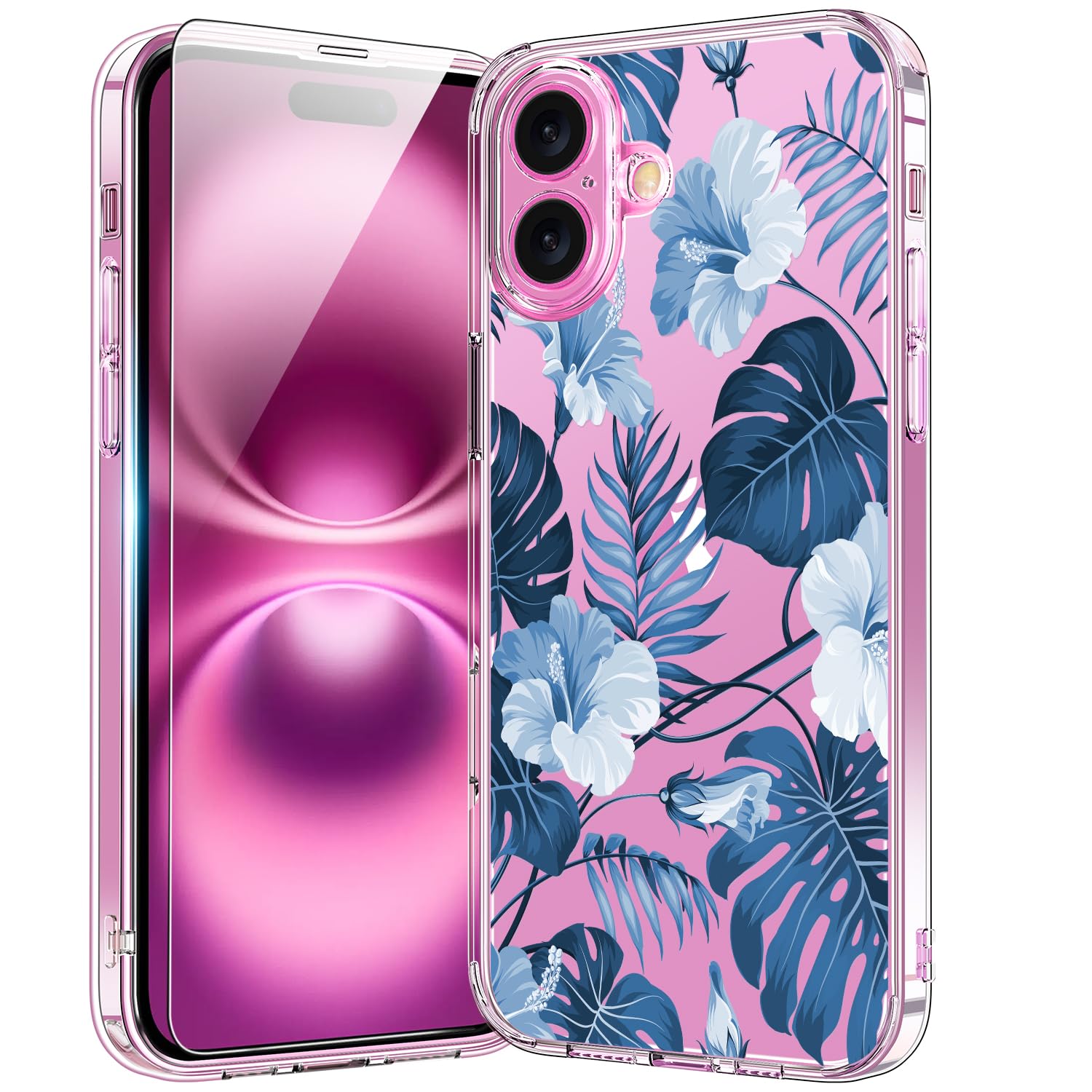 bicol for iPhone 16 Plus Case with Screen Protector, Enhanced Camera Protection, Crystal Acrylic Clear with Fashionable Pattern Designs for Girls Women, Slim Fit Protective Phone Cover, Blue Leaves