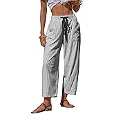 EXLURA Womens Faux Linen Striped Barrel Pants Comfy Drawstring Capri Pant with Pockets Summer Beach Vacation Lounge Trousers