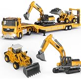 Pupu Pig Kids Toys for 3 4 5 6 7 Years Old Boys, Die-cast Construction Toys Set w/Semi Truck, Excavator, Bulldozer, Alloy Engineering Construction Vehicles Truck Toys w/Lights &amp; Sounds, Model Cars