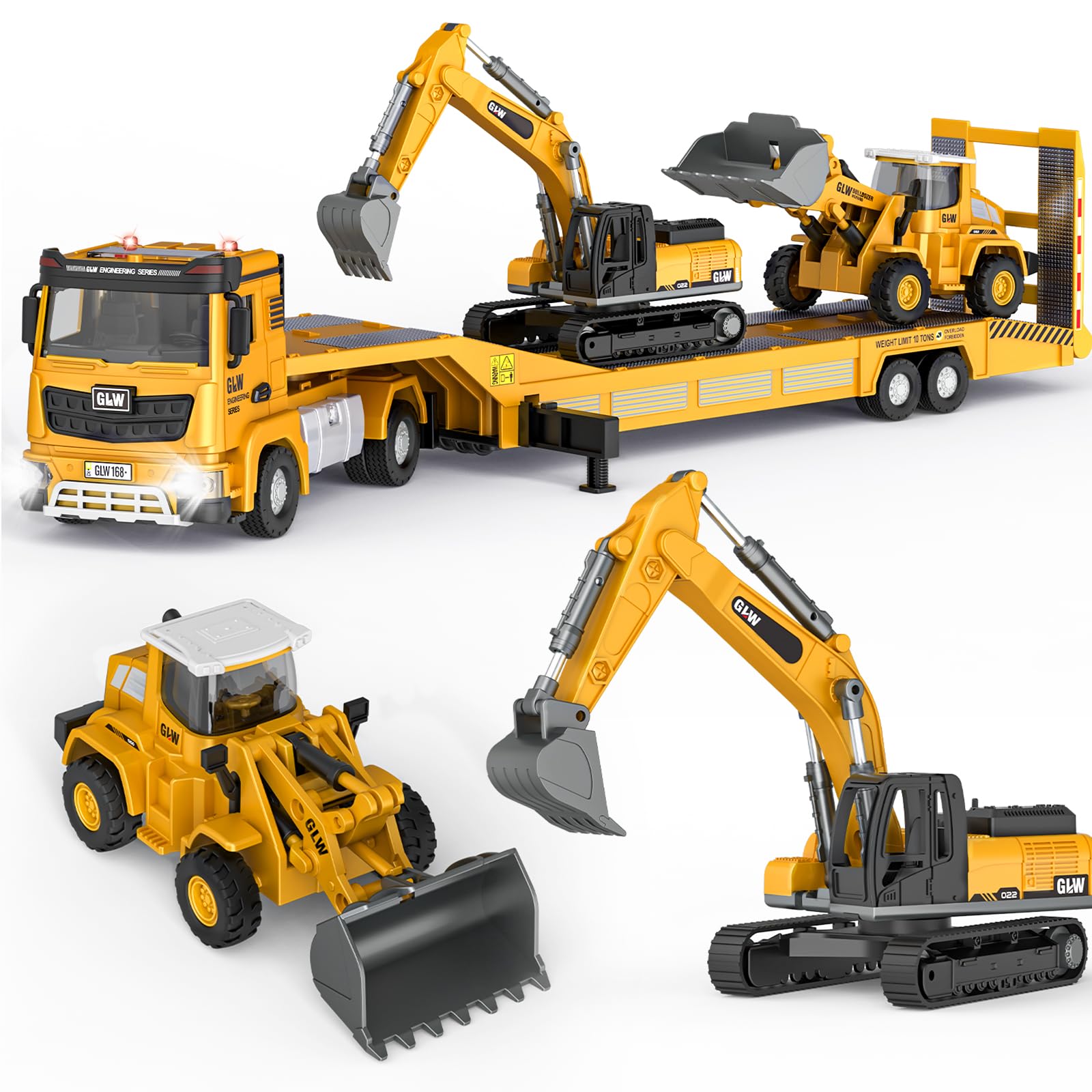 Pupu Pig Kids Toys for 3 4 5 6 7 Years Old Boys, Die-cast Construction Toys Set w/Semi Truck, Excavator, Bulldozer, Alloy Engineering Construction Vehicles Truck Toys w/Lights & Sounds, Model Cars