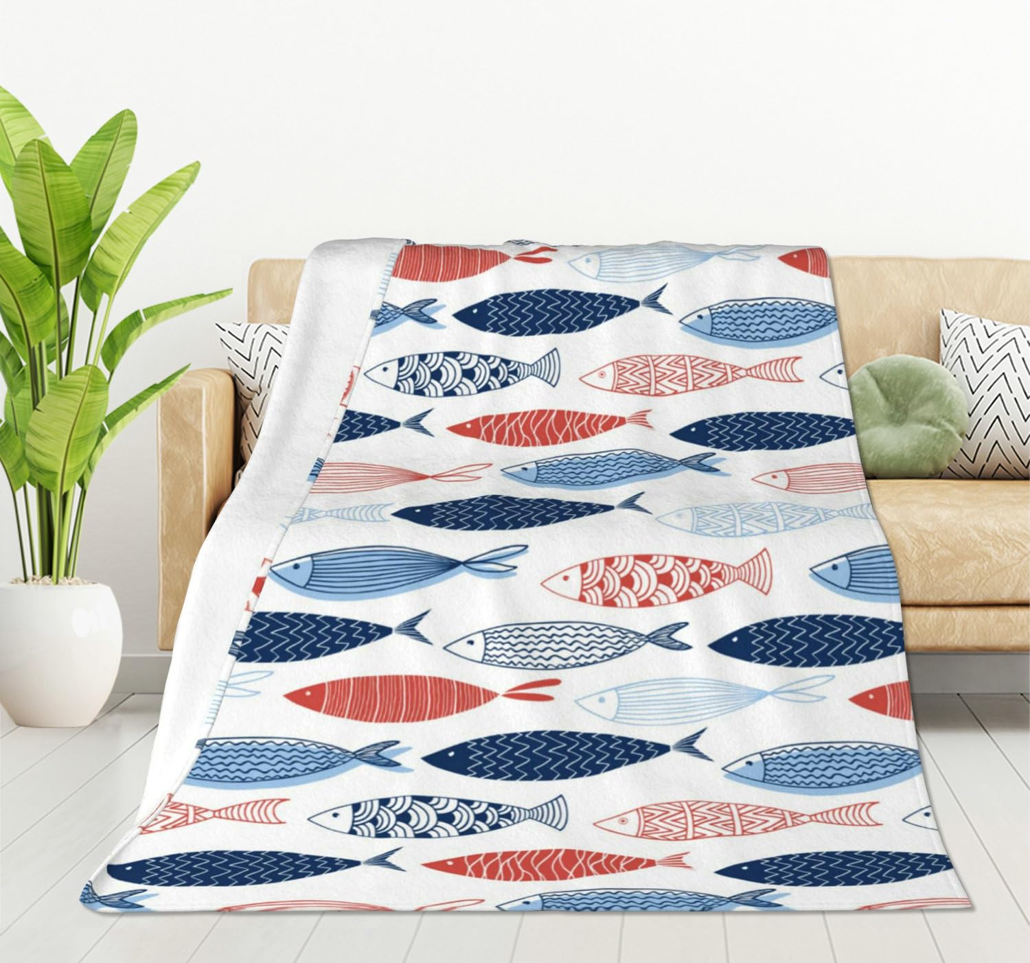 HGOD DESIGNS Blue and Red Simple Fish Throw Blanket Ultra Soft Warm All Season Fish Decorative Fleece Blankets for Bed Chair Car Sofa Couch Bedroom 100x130cm