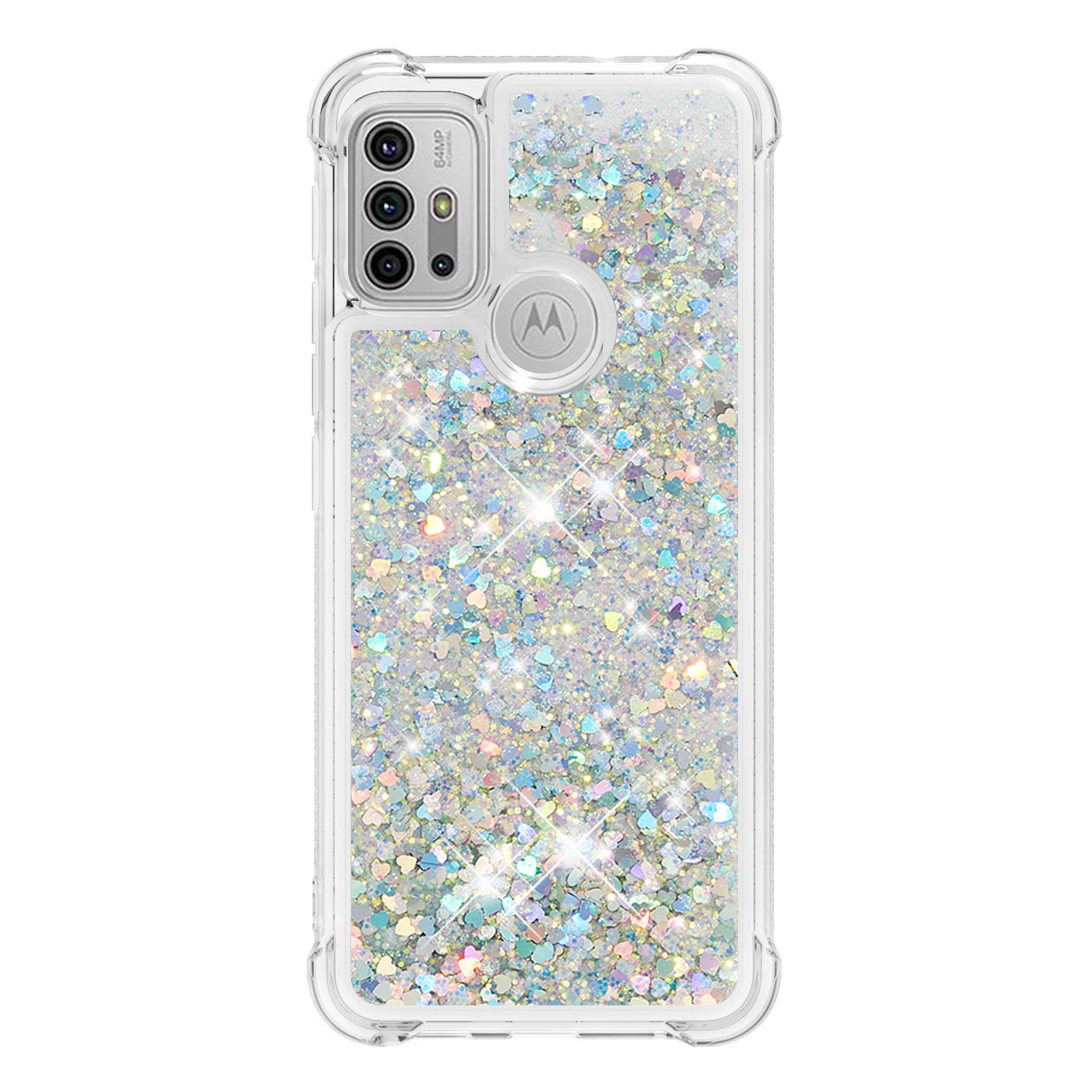 Motorola Moto G30/Moto G10 Case, Girly Shiny Glitter Sparkle Quicksand Floating Liquid Clear Transparent Soft TPU Silicone Protective Bumper ShockProof Phone Cover for Moto G30/Moto G10, Silver