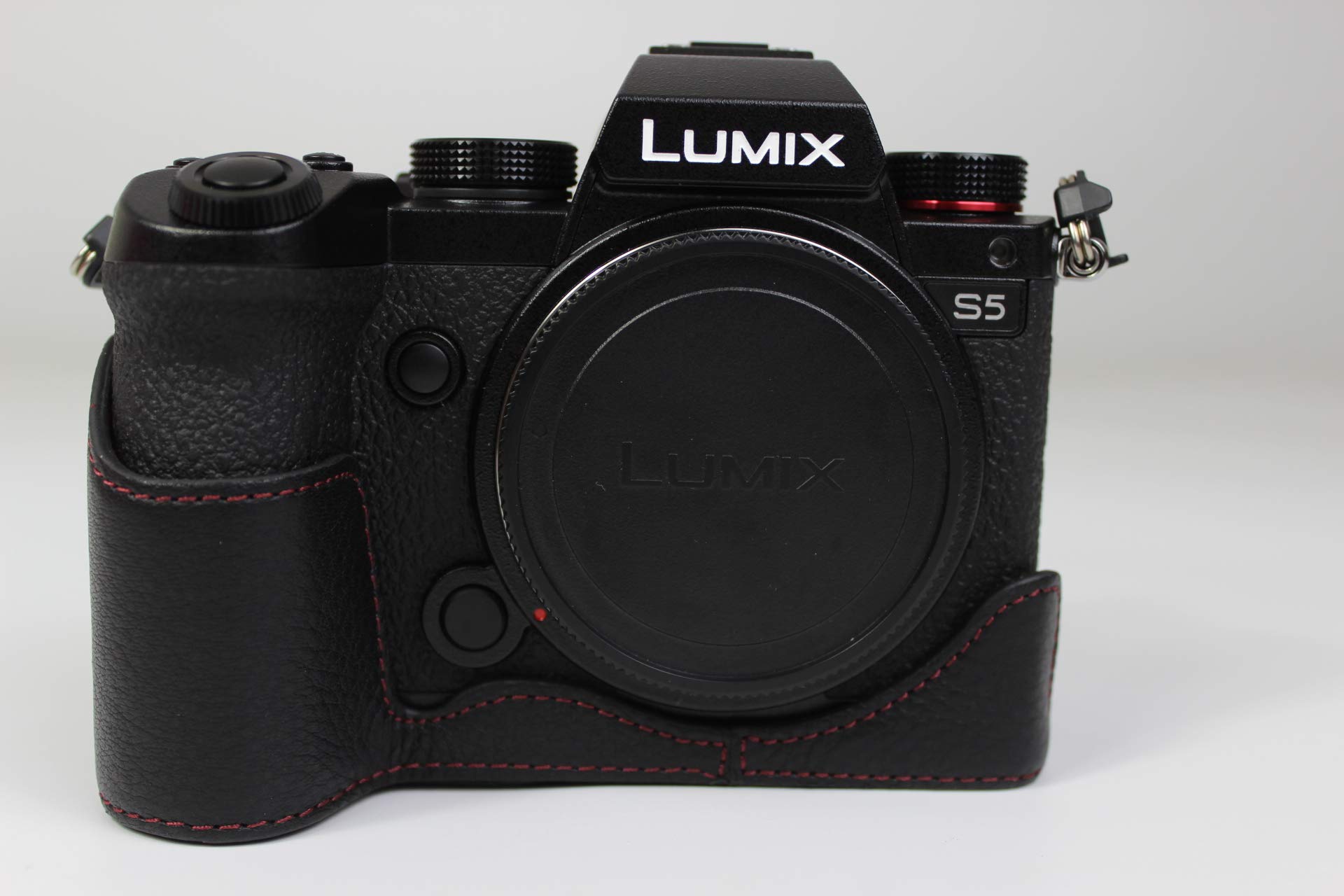 S5 Camera Case, Zakao Genuine Real Leather Half Bottom Opening Version Holster Camera Case With Hand Strap Protective Cover Bag Case for Panasonic Lumix S5 (Black)