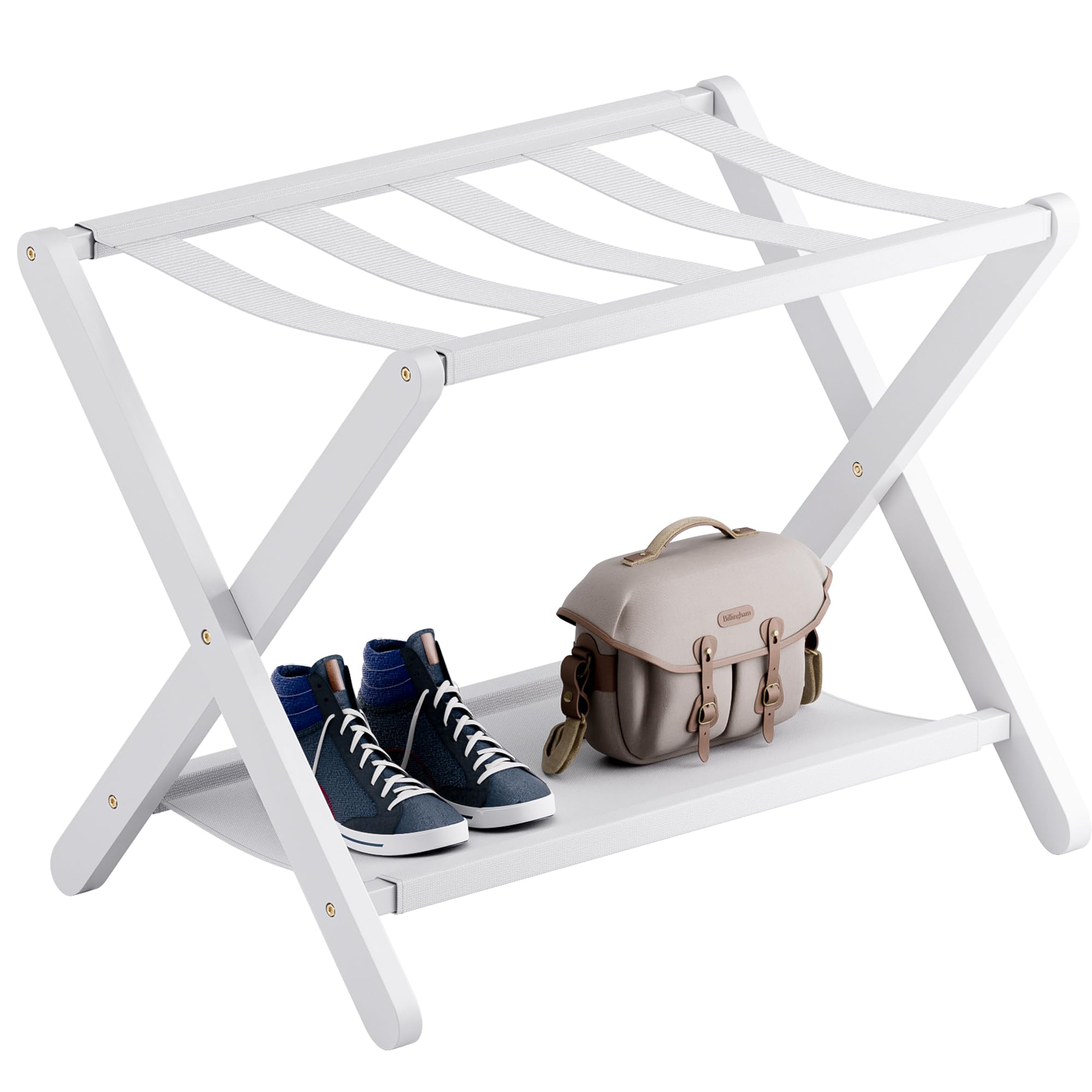 vovala Luggage Rack, Folding Suitcase Stand with Storage Shelf, Premium Bamboo Luggage Holder for Guest Room, Bedroom, Hotel, Closet, Holds up to 61 kg (White)