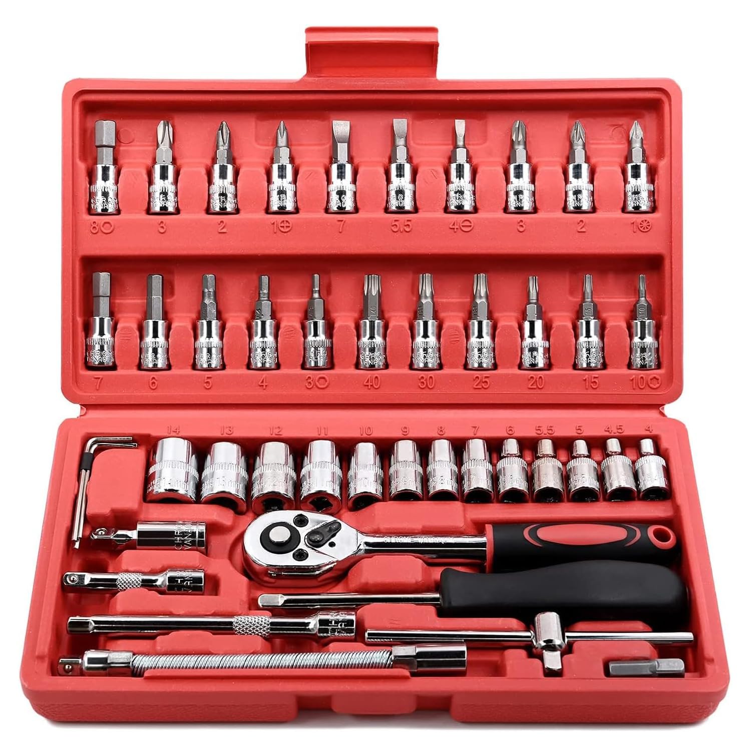 Sliva 46 Pcs 1/4'' Drive Socket Wrench Set, Ratchet Wrench Set with 4-14mm Cr-V Sockets,Screwdriver Bits,Extension Bars for Car Bike Repair and Home Maintenance