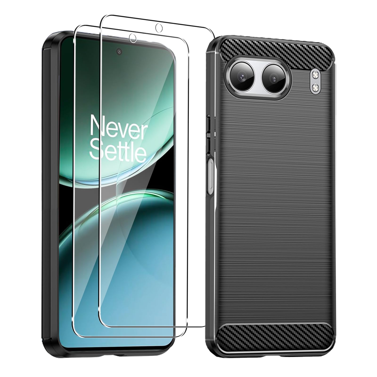 KZIOACSH Case for Oneplus Nord 4, Full Protection Anti-Scratch Soft TPU Phone Case [Carbon Fiber Texture] Ultra Thin Shockproof Anti-Drop Rugged Bumper Cover with 2 Tempered Glass Film,Black