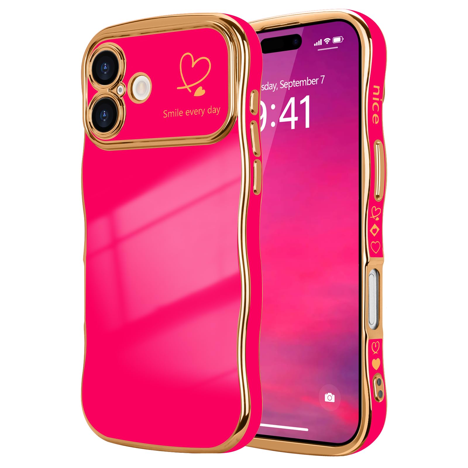 LCHULLE for iPhone 16 Case for Women Girls,Cute Curly Wave Frame Shape Love Heart Pattern Phone Case,Raised Camera Protection Plating Shockproof Cover for iPhone 16 6.1",Hot Pink
