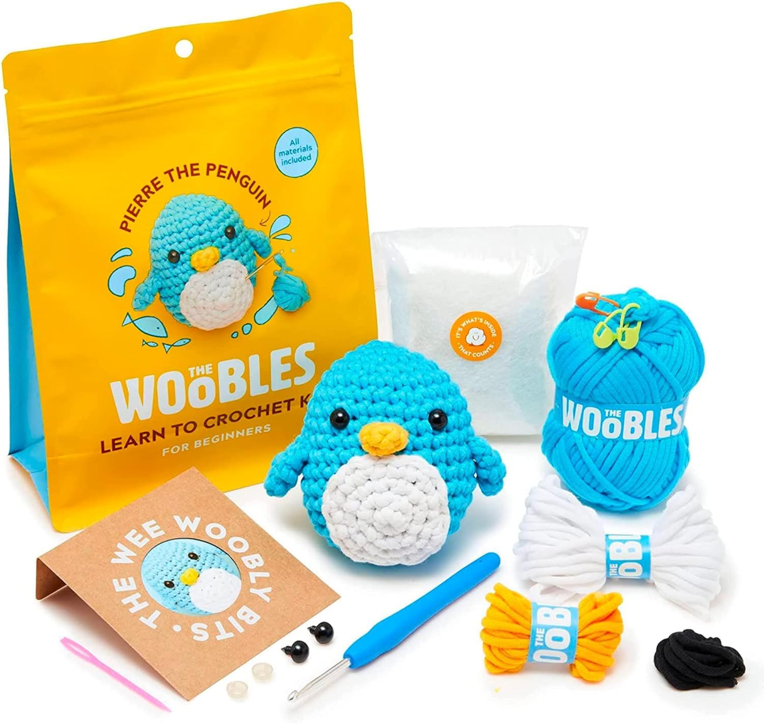 The Woobles Crochet Kit for Beginners - Pierre The Penguin | As seen on Shark Tank, Kit includes: Easy Peasy Yarn, pre-starte