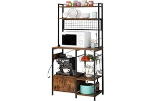 Karl home 6 Tier Bakers Rack for Kitchen, Wood Coffee Bar with Power Outlets, Microwave Stand with Storage, Metal Frame Kitchen Shelf Organizer with Hooks & Wire Basket, Rustic Brown