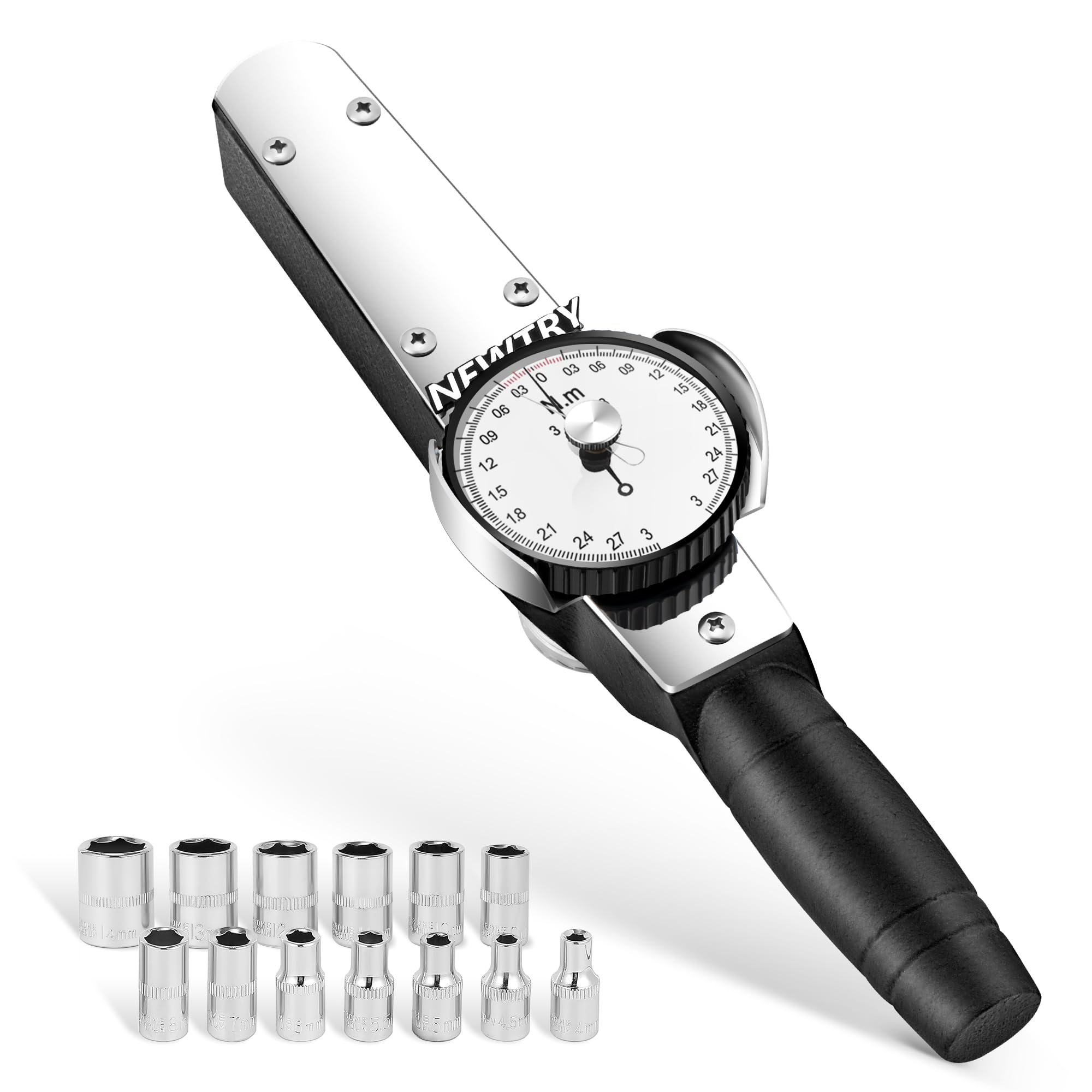 Photo 1 of NEWTRY Dial Torque Wrench, 0.3-3N.m Dial Indicator Torque Wrench with Sockets Set (4-14mm), Precision Torque Meter, 1/4 inch pound Dial Torque Wrench Torque Force Tester
