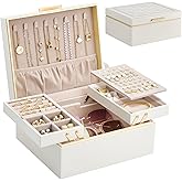 Lolalet Jewelry Box Organizer for Women Girls, 2 Layer Jewelry Organizers and Storage for Necklace Earrings Rings Bracelets, Large Jewellery Holder Case Birthday Valentine Gifts -Cream