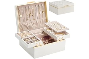 Lolalet Jewelry Box Organizer for Women Girls, 2 Layer Jewelry Organizers and Storage for Necklace Earrings Rings Bracelets, Large Jewellery Holder Case Birthday Christmas Gifts -Cream