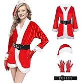 Women Santa Claus Costumes Suit Mrs Santa Cosplay Costume Outfit Dress One Size with Belt and Hat(3 Piece)