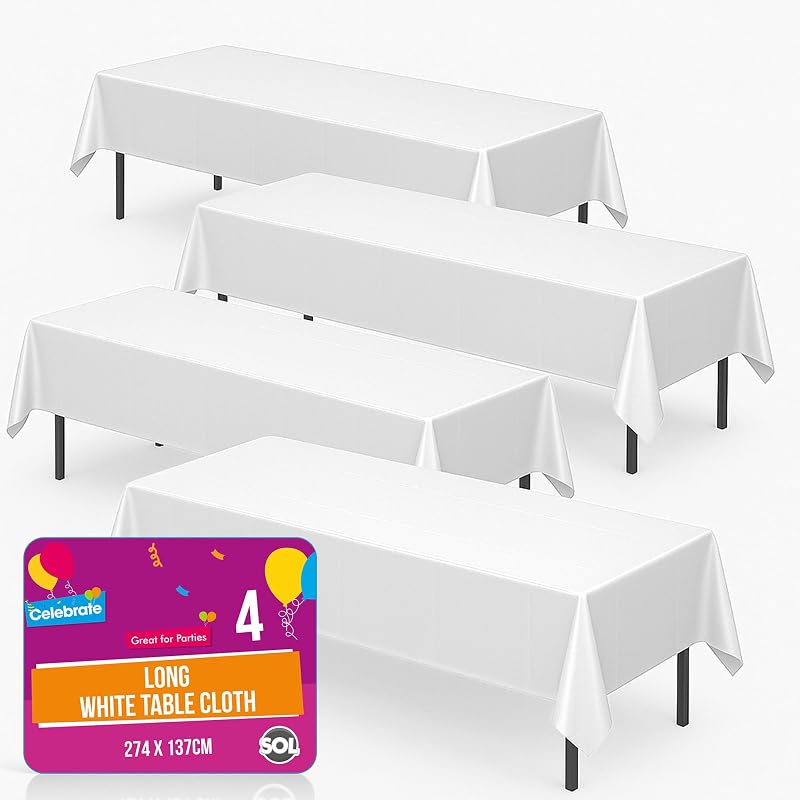 SOL 4pk White Table Cloth Rectangular 274x137cm Heavy Duty Plastic