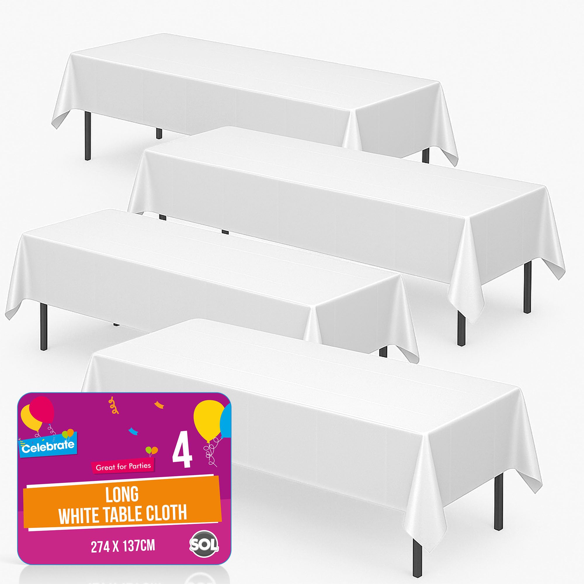 SOL 4pk Long White Table Cloth Party Rectangular 274x137cm Large Plastic Cover Disposable Tablecloths for Parties - Heavy Duty Spill Protection for Weddings, Buffets, Catering, Outdoor & Theme Events