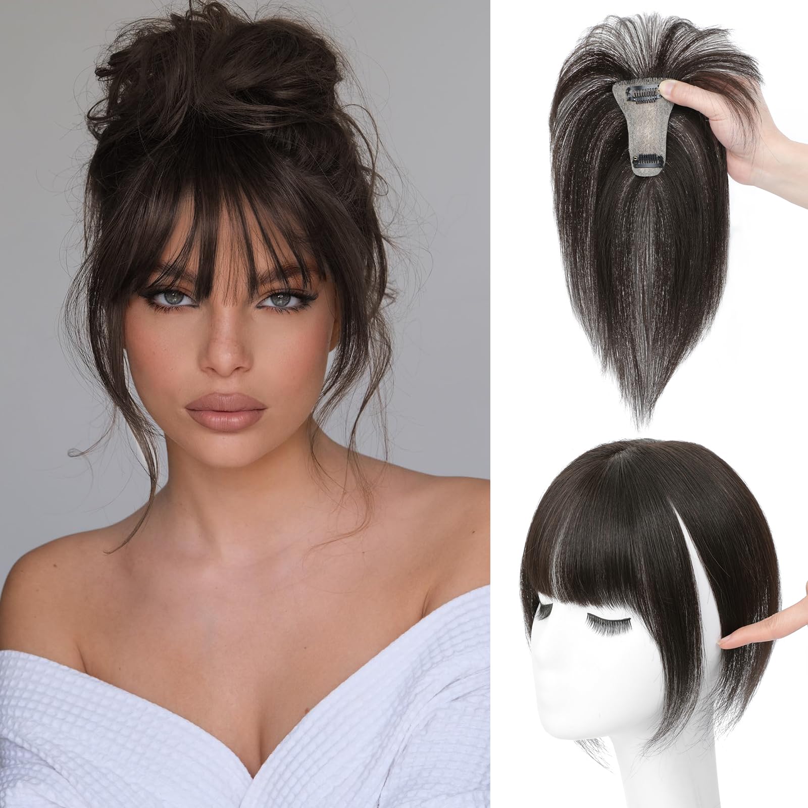Photo 1 of Wirctp Hair Toppers for Women with Bangs 100% Human Hair 360°3D Cover Fake Bangs Hair Topper with Thinning Newly Upgraded Realistic Scalp with Hairpieces for Daily Wear(Brown Black)