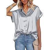 HOTOUCH Silk Button Down Shirts for Women Satin Short Sleeve V Neck Casual Work Office Blouse Tunic Tops