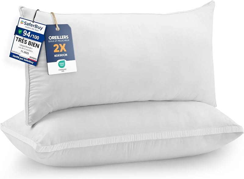 Oreillers 40x80 cm Lot de 2, Doux, Blanc