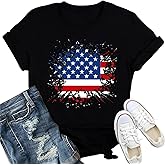 IFQ Womens American Flag Shirt USA Fireworks Patriotic Print T-Shirt 4th of July Crewneck Tee