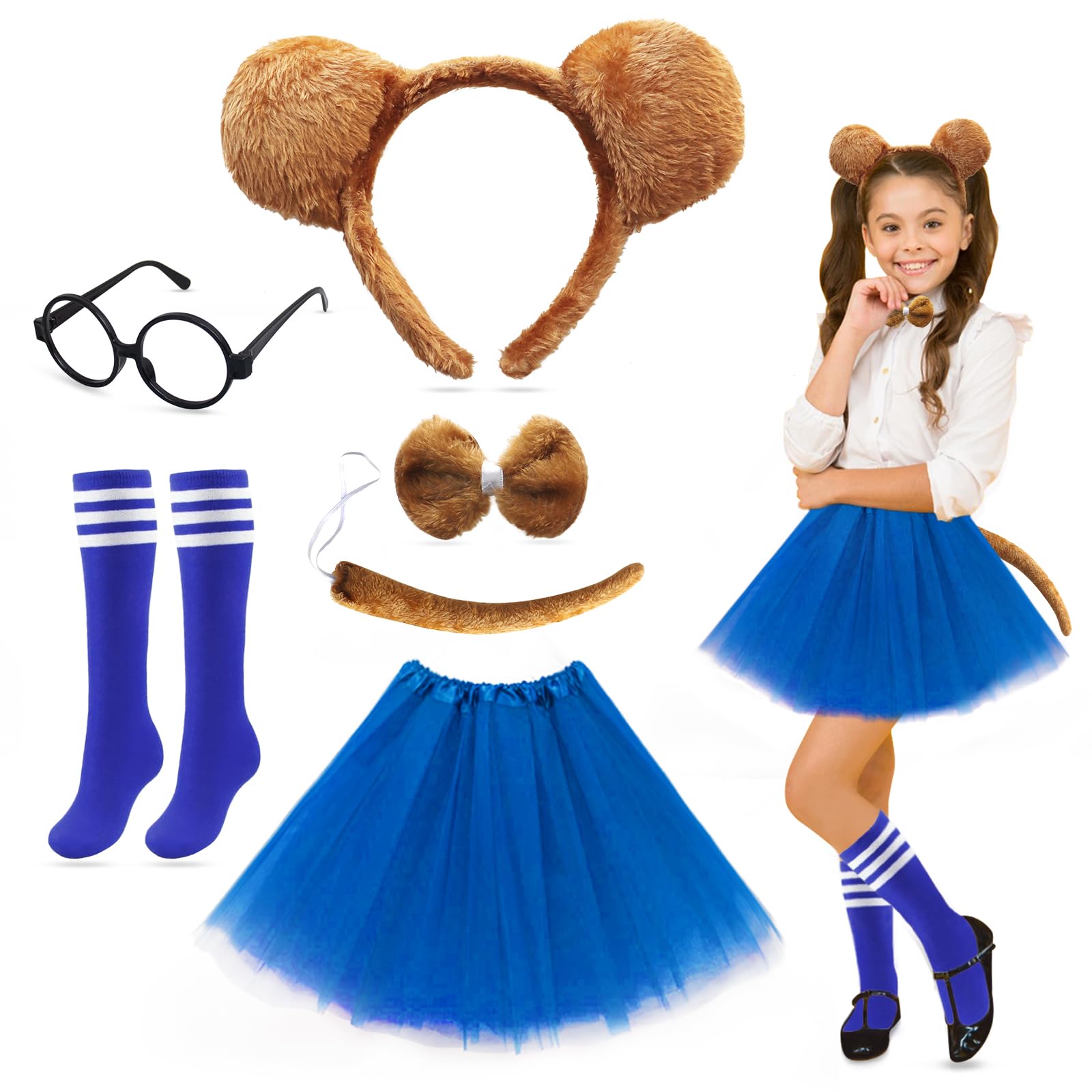 7 PCS Kids Chipmunks Fancy Dress Outfit,Chipmunks Costumes Set with Chipmunk Headbands,Tail,Bow Tie,Glasses,Tutu Skirt,Socks,Chipmunks Costumes for World Book Day Halloween Party Animal Cosplay (Blue)